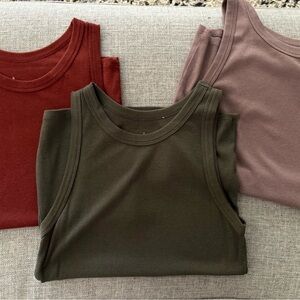 Set of Three Ribbed Tank Tops in Burnt Orange, Olive, and Mauve